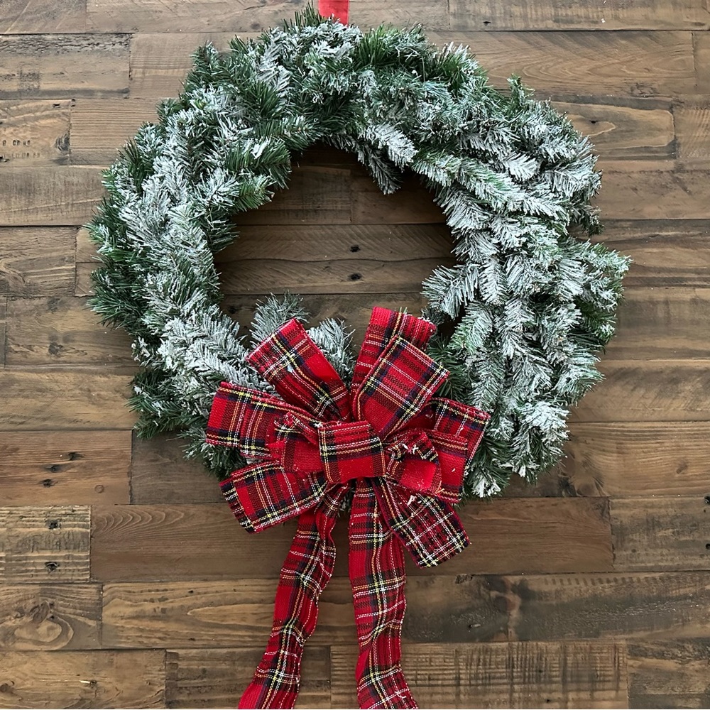 Holiday Christmas Snow Flocked Wreath With Tartan Red Plaid Bow